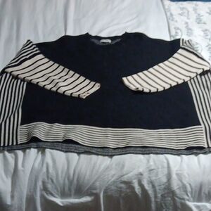 Striped Sleeve Navy and Cream Women’s Sweater